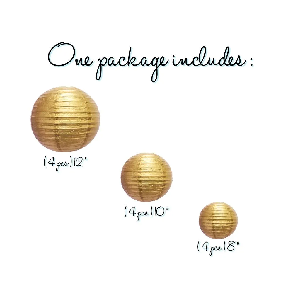 12-PC Gold Paper Lantern Decoration Set, 12/10/8-Inch