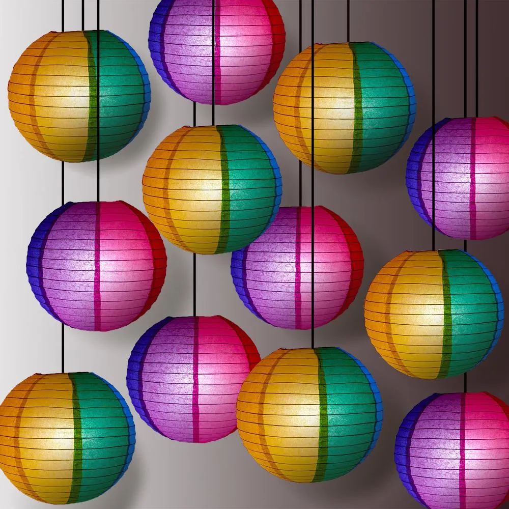 14 Inch Rainbow Multi-Color Paper Lantern, Parallel Ribbing (12-Pack)