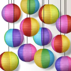 14 Inch Rainbow Multi-Color Paper Lantern, Parallel Ribbing (12-Pack)