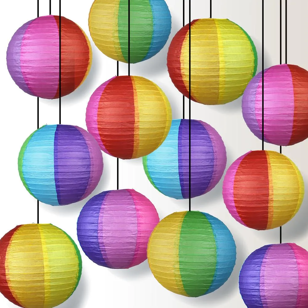 14 Inch Rainbow Multi-Color Paper Lantern, Parallel Ribbing (12-Pack)
