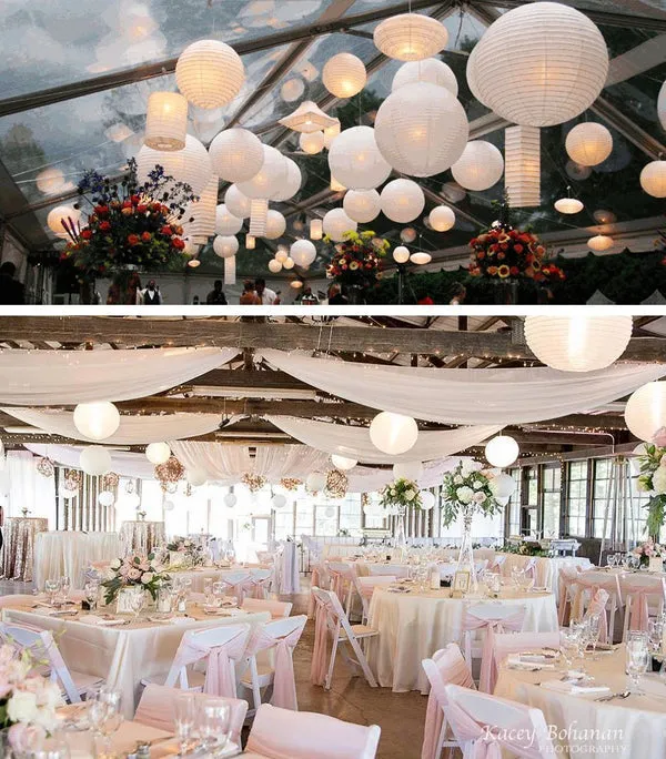16 Inch White Round Paper Lantern, Parallel Ribbing, Chinese Hanging Wedding & Party Decoration