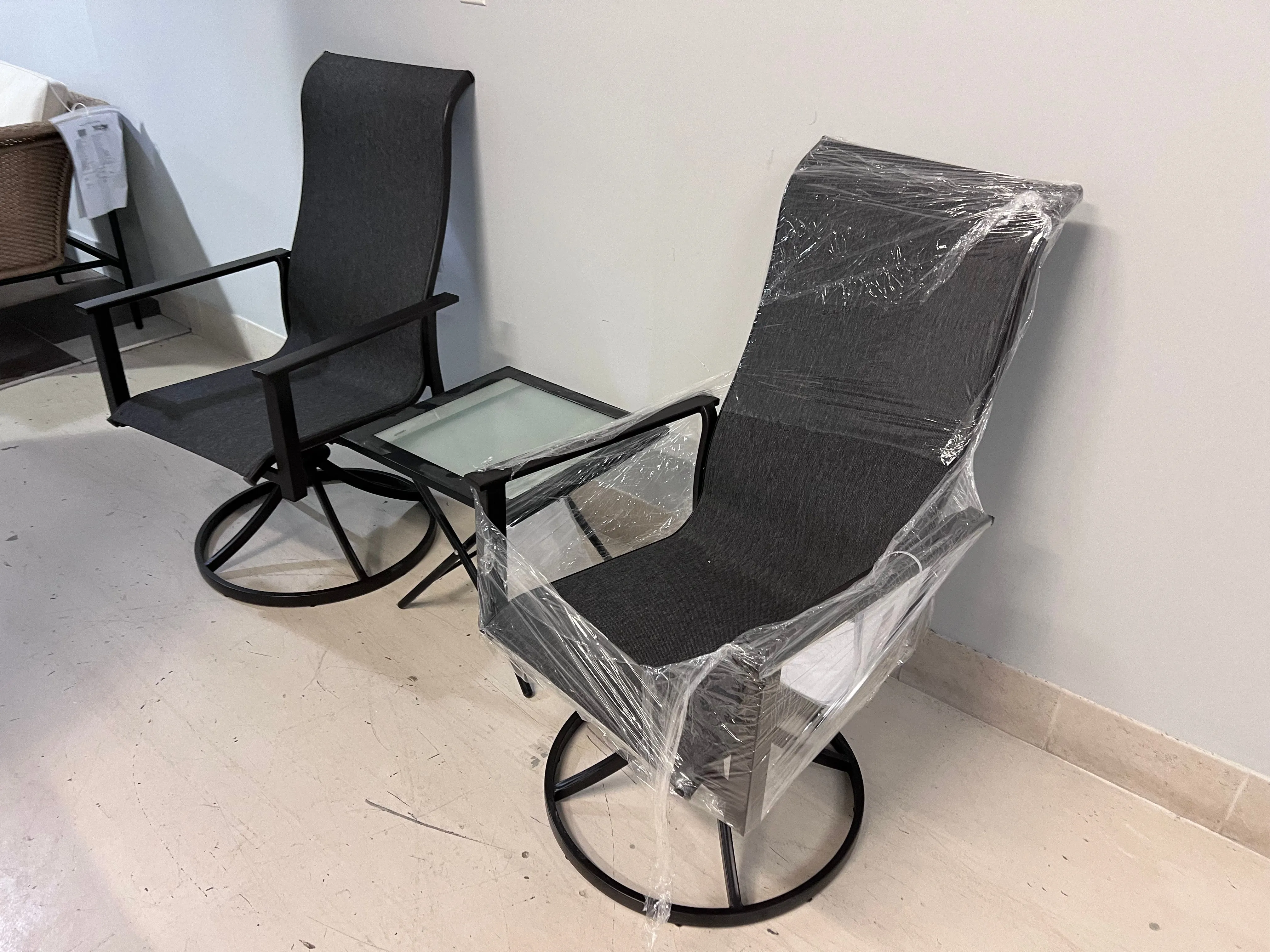 2 Black Sling Swivel Chairs   Folding Side Table