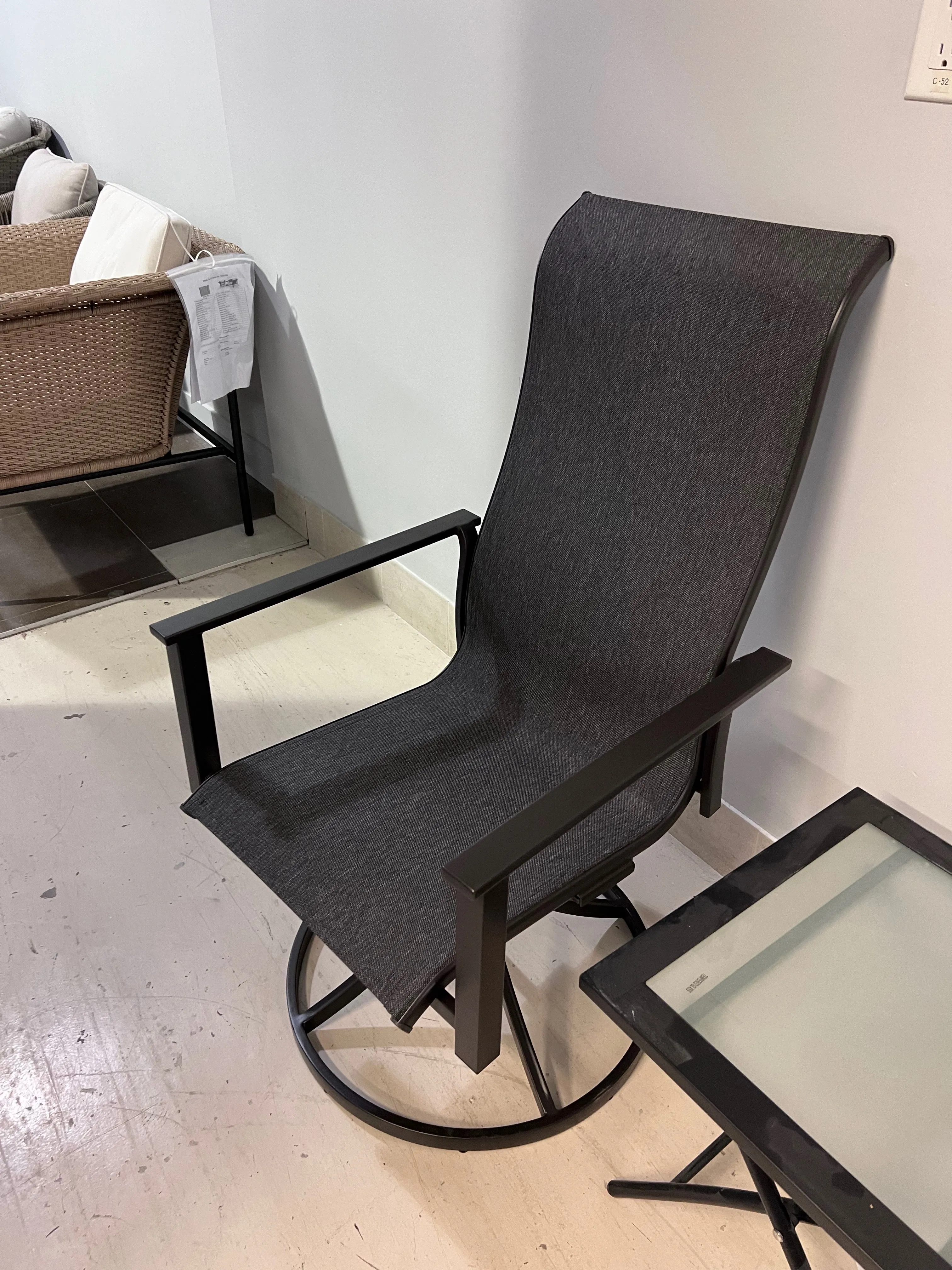 2 Black Sling Swivel Chairs   Folding Side Table