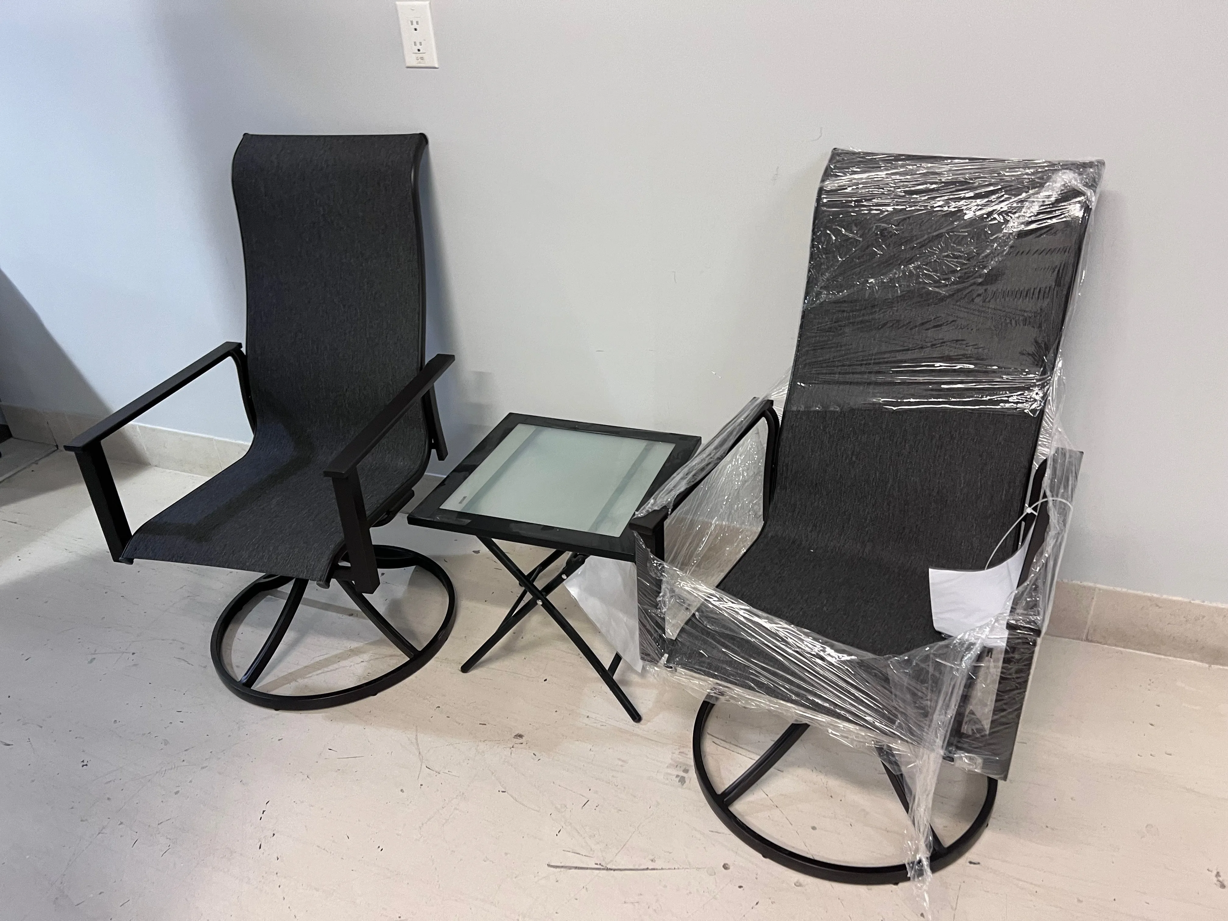 2 Black Sling Swivel Chairs   Folding Side Table