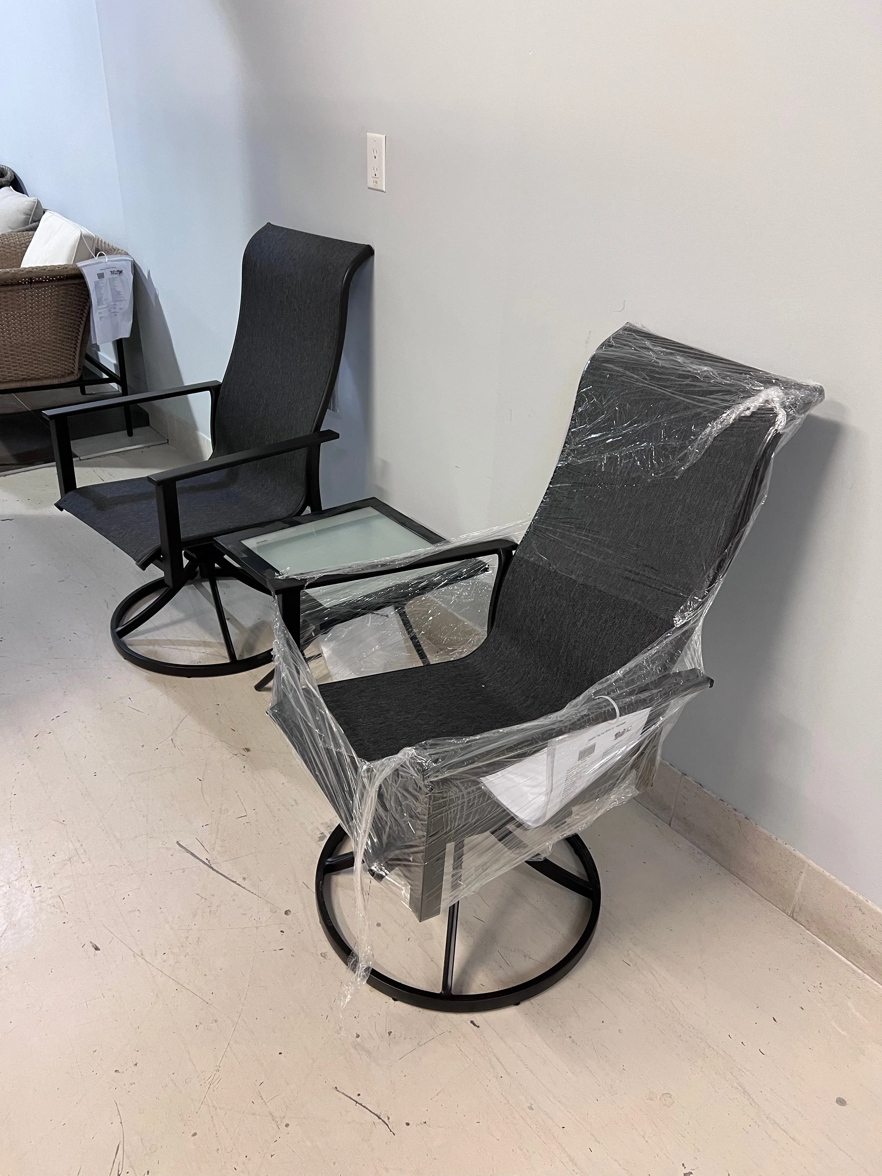2 Black Sling Swivel Chairs   Folding Side Table