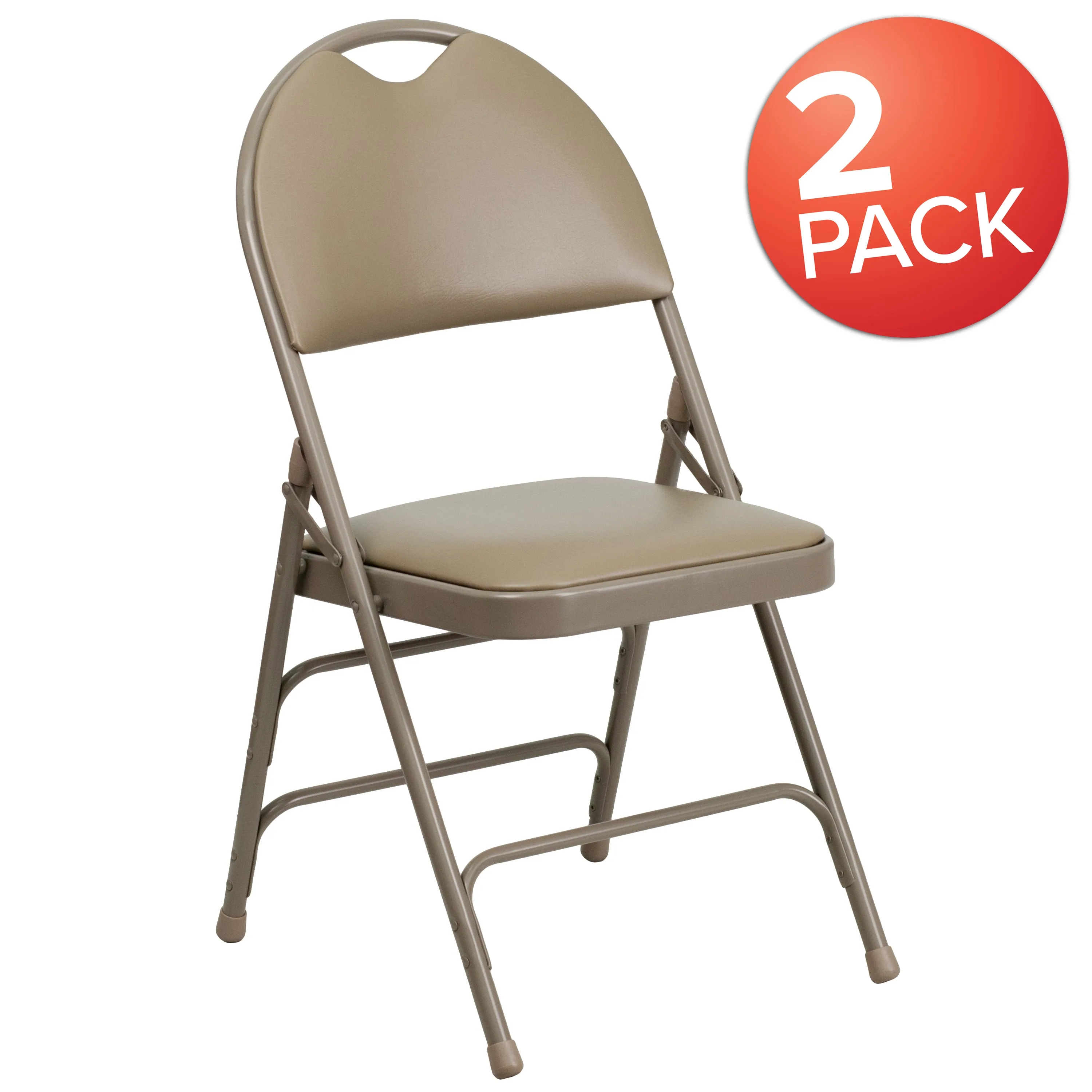 2 Pack HERCULES Series Ultra-Premium Triple Braced Beige Vinyl Metal Folding Chair with Easy-Carry Handle