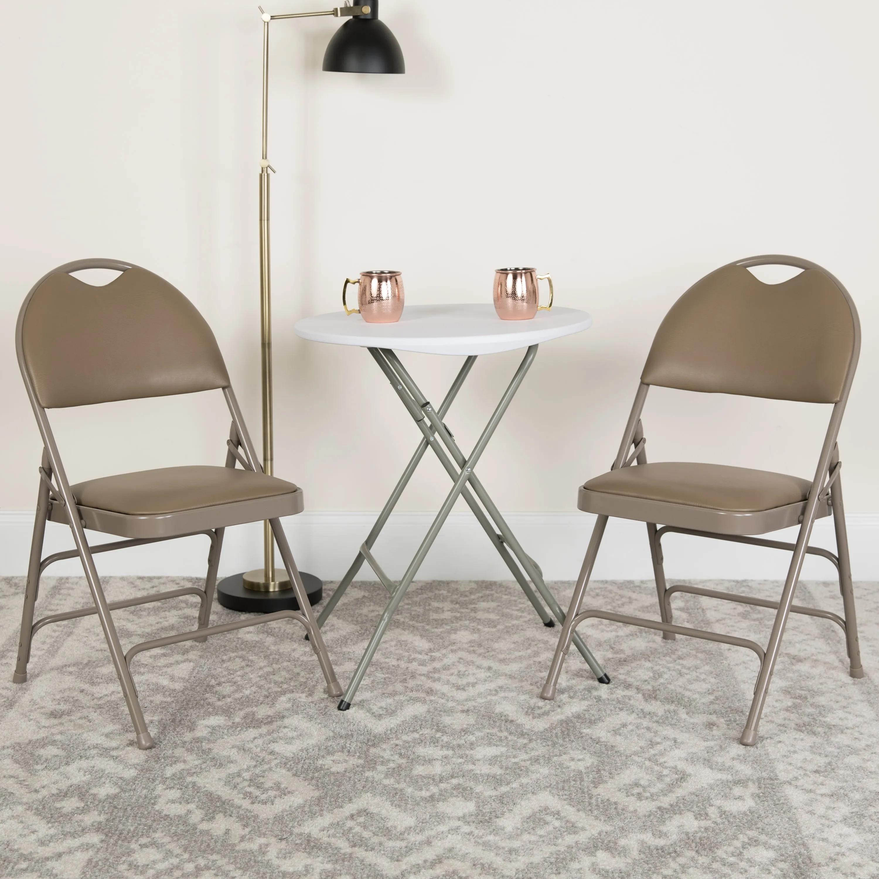 2 Pack HERCULES Series Ultra-Premium Triple Braced Beige Vinyl Metal Folding Chair with Easy-Carry Handle