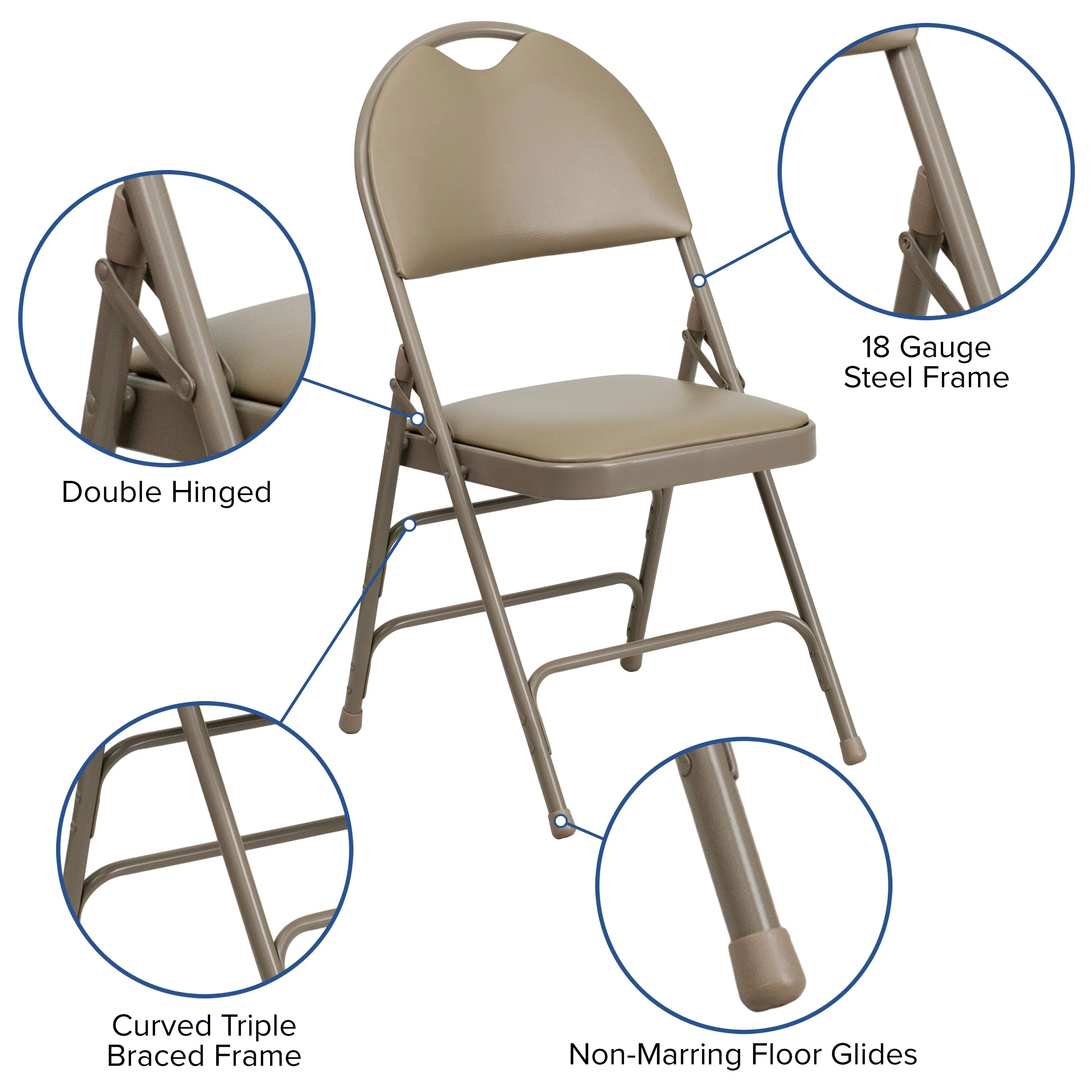 2 Pack HERCULES Series Ultra-Premium Triple Braced Beige Vinyl Metal Folding Chair with Easy-Carry Handle