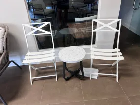 2 White Steel Folding Chairs   Side Table
