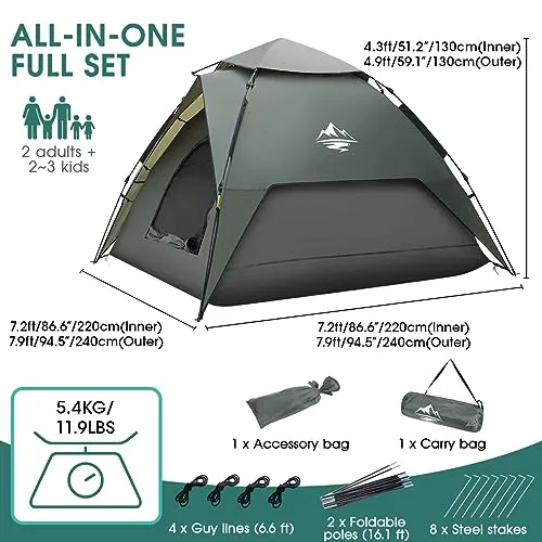 4-5people Tents for Camping with Shelter, Family Dome Tent with Removable Rainfly, Lightweight Tent for Camping, Traveling, Hiking, Outdoor (4-5 Person Instant)