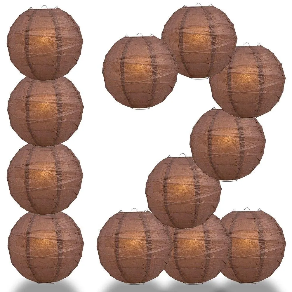 BLOWOUT BULK PACK (12) 16" Brown Round Paper Lantern, Crisscross Ribbing, Chinese Hanging Wedding & Party Decoration