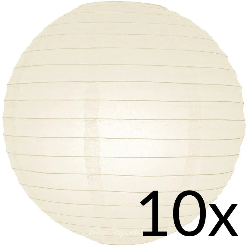 BULK PACK (10) 12" Beige / Ivory Round Paper Lanterns, Even Ribbing, Hanging Decoration