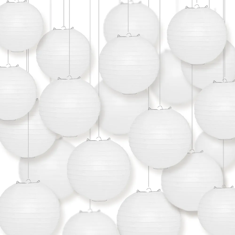 BULK PACK (100) 20" White Round Paper Lanterns, Even Ribbing, Hanging Decoration