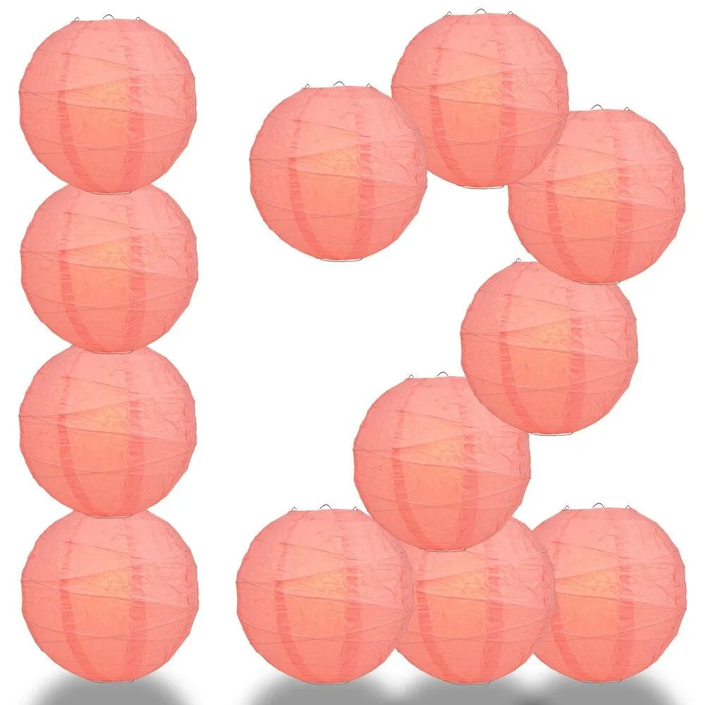 BULK PACK (12) 24" Roseate / Pink Coral Round Paper Lantern, Crisscross Ribbing, Chinese Hanging Wedding & Party Decoration
