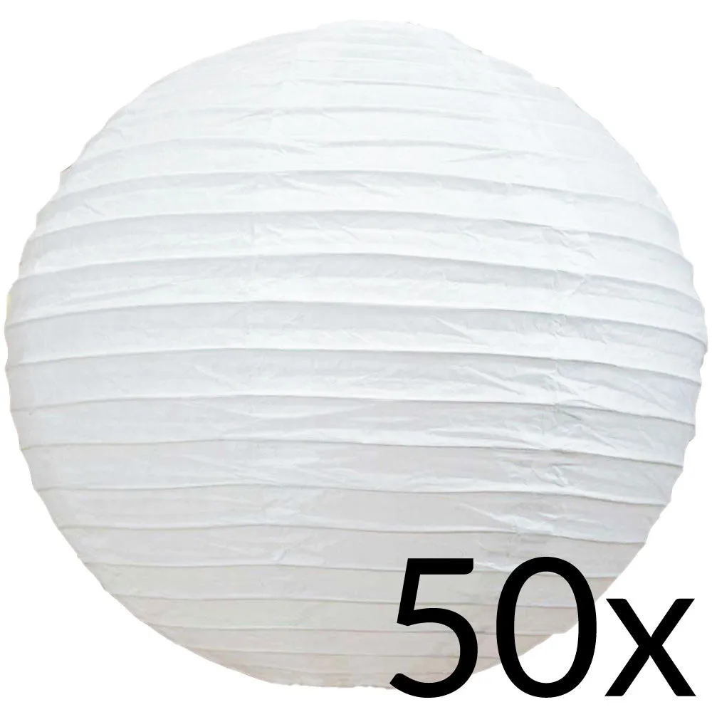 BULK PACK (50) 10" White Round Paper Lanterns, Even Ribbing, Hanging Decoration