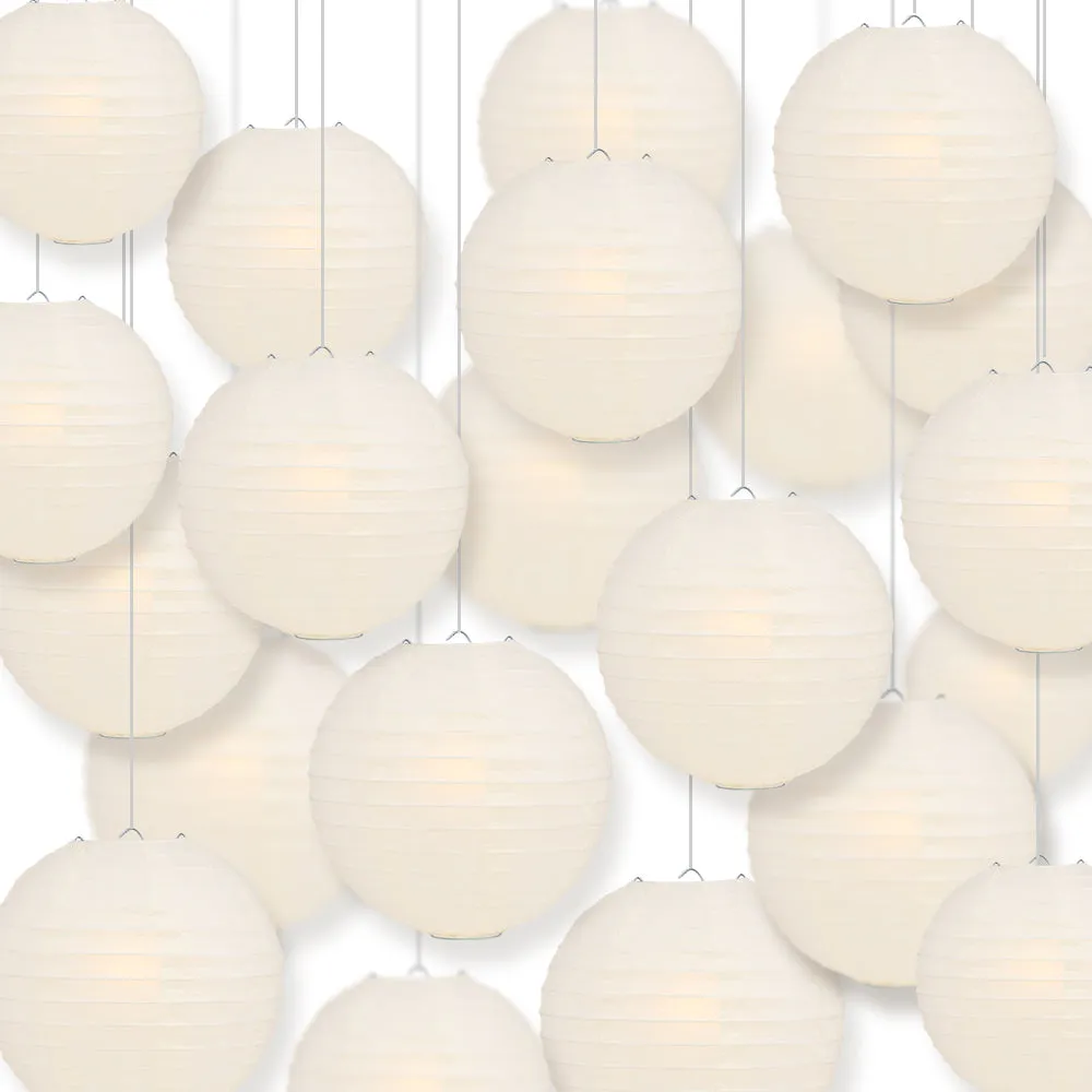 BULK PACK (50) 20" Beige / Ivory Round Paper Lanterns, Even Ribbing, Hanging Decoration