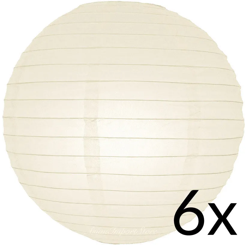 BULK PACK (6) 14" Beige / Ivory Round Paper Lanterns, Even Ribbing, Hanging Decoration