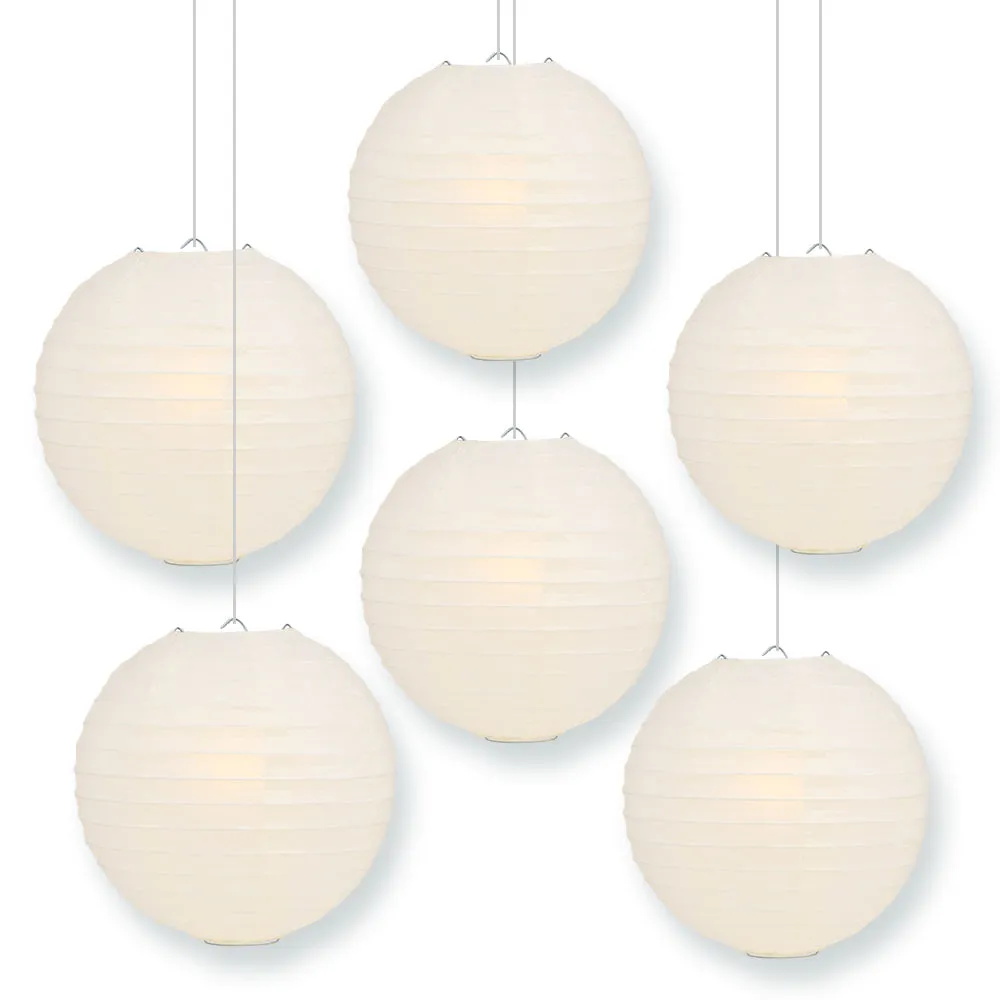 BULK PACK (6) 14" Beige / Ivory Round Paper Lanterns, Even Ribbing, Hanging Decoration