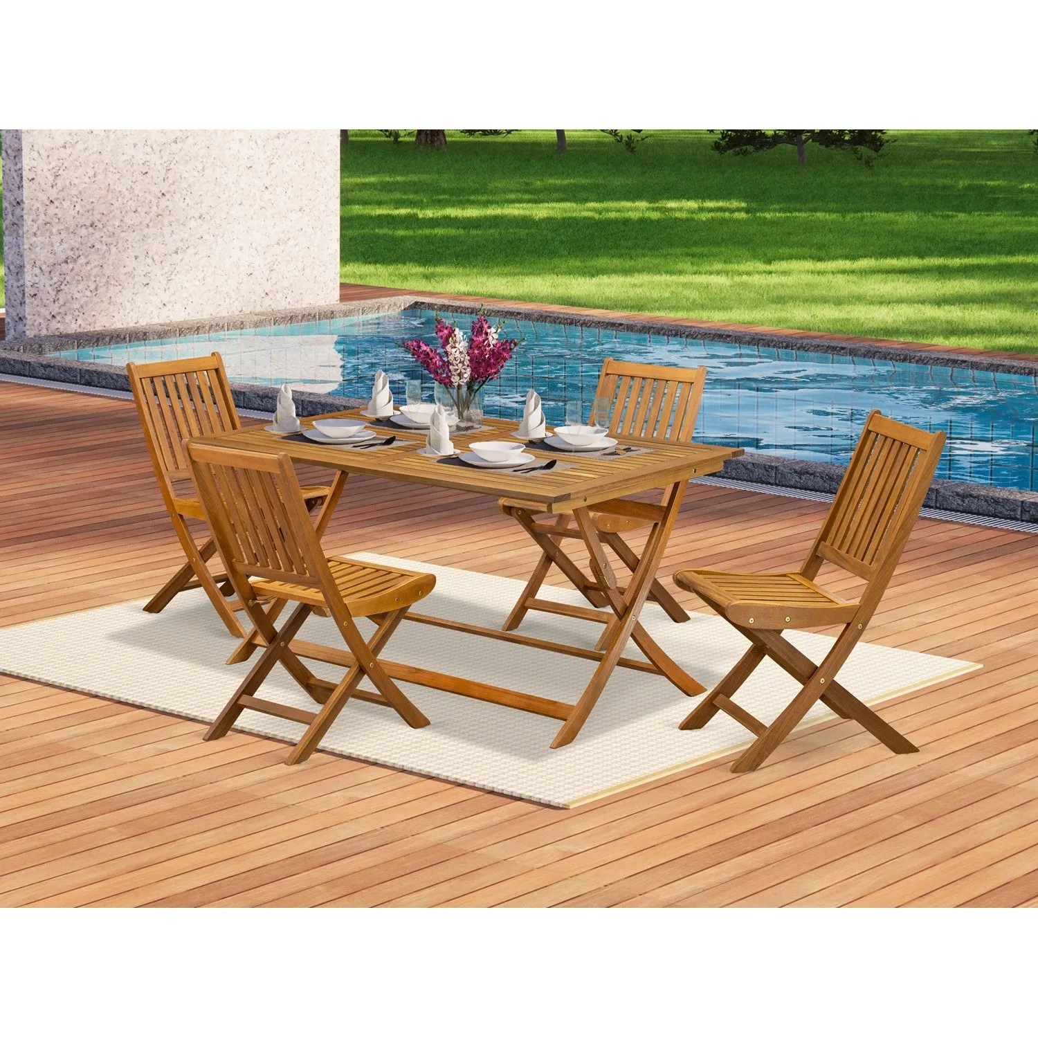East West Furniture AEDK5CWNA 5 Piece Patio Dining Set Includes a Rectangle Outdoor Acacia Wood Table and 4 Folding Side Chairs, 36x60 Inch, Natural Oil