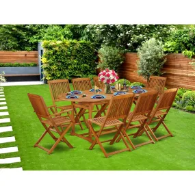 East West Furniture BSCM92CANA 9 Piece Patio Garden Table Set Includes an Oval Outdoor Acacia Wood Dining Table and 2 Folding Arm Chairs with 6 Side Chairs, 36x78 Inch, Natural Oil