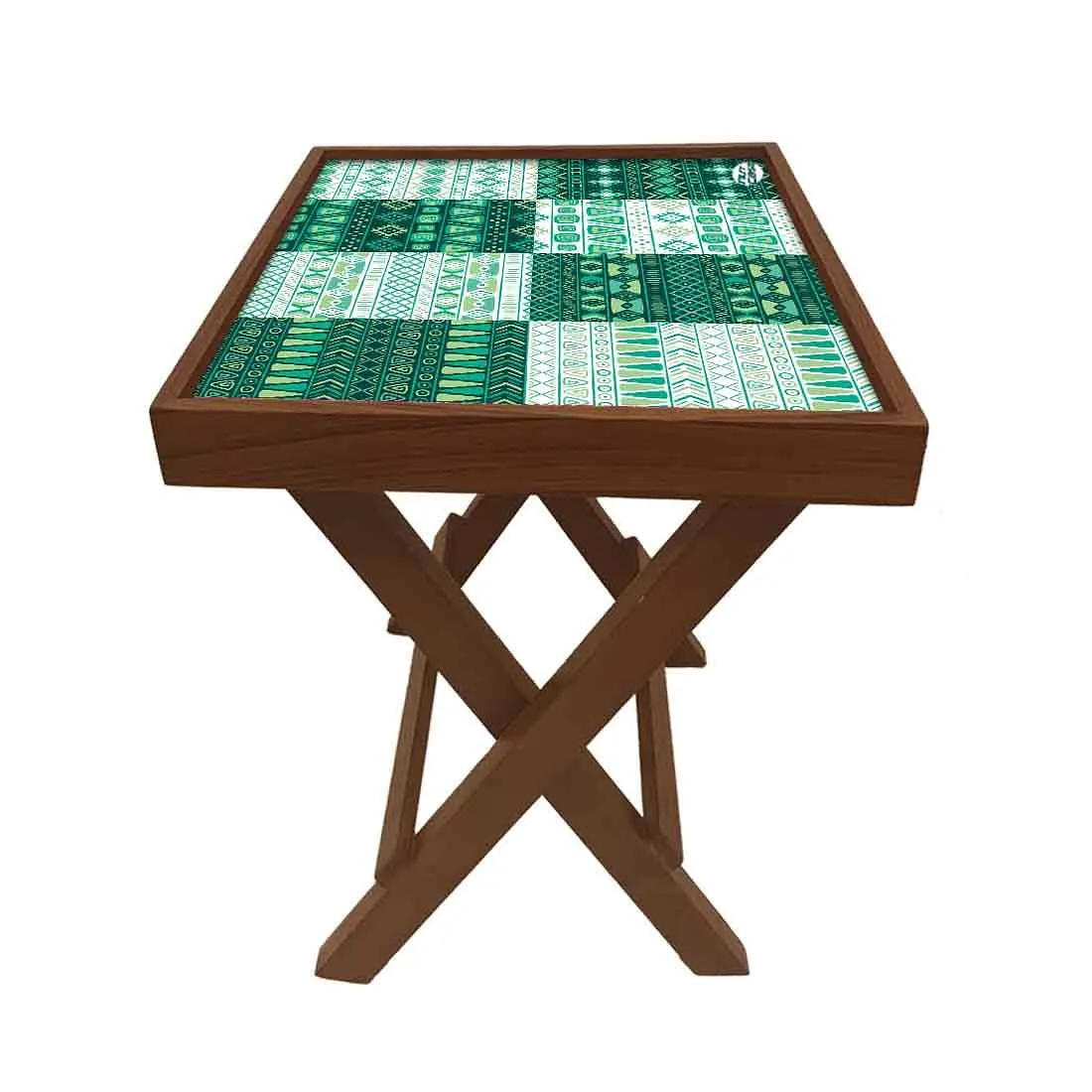 Folding Side Table - Teak Wood - Green Lines