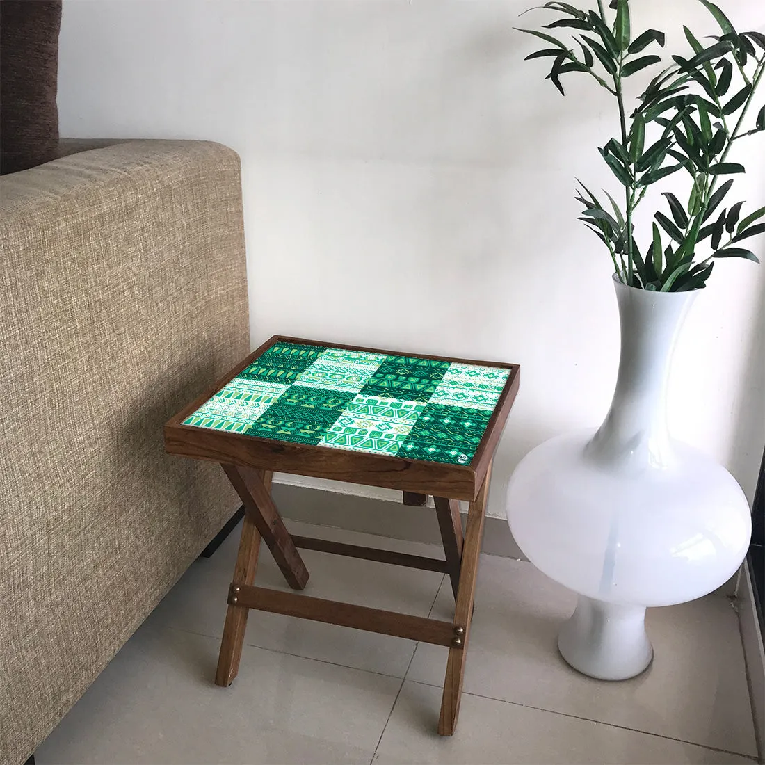 Folding Side Table - Teak Wood - Green Lines