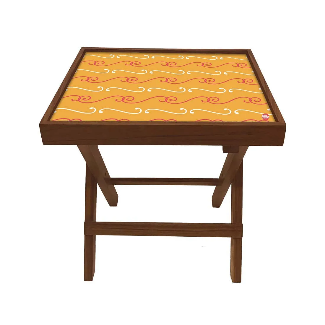 Folding Side Table - Teak Wood -Mustard Pattern