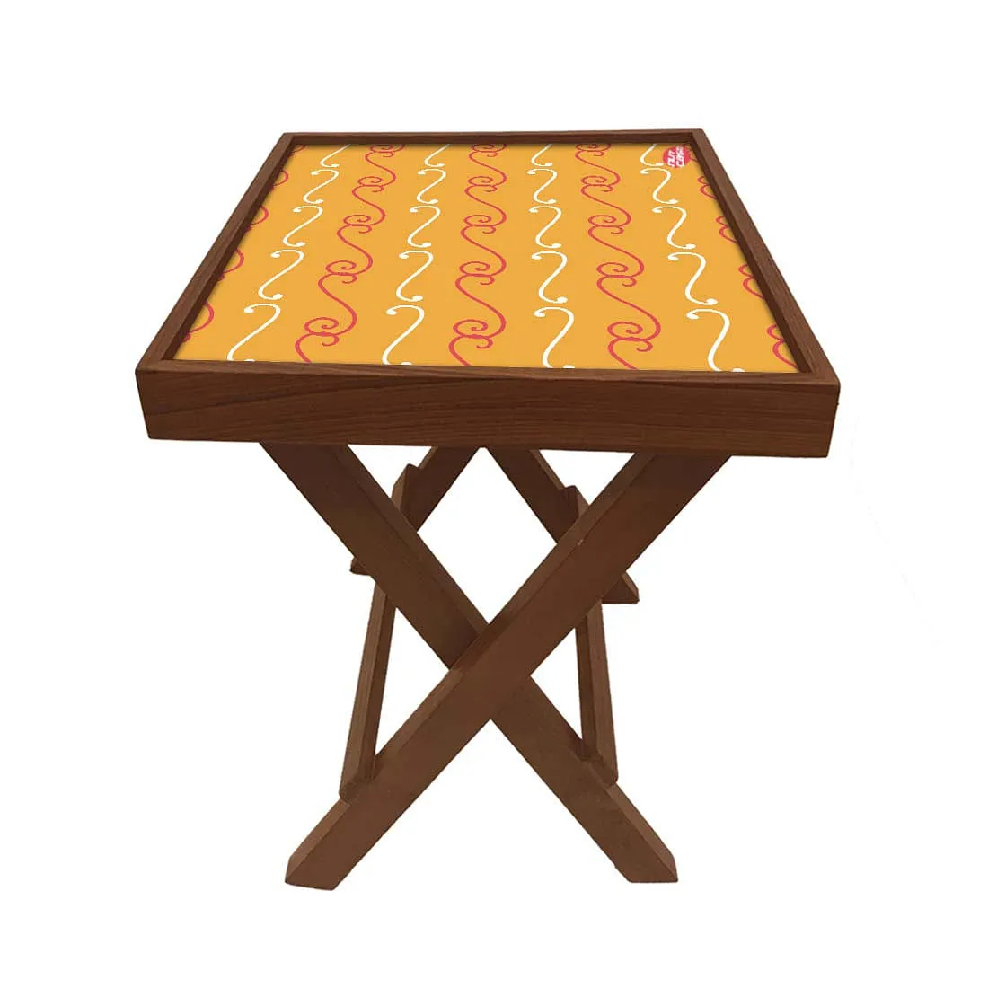 Folding Side Table - Teak Wood -Mustard Pattern