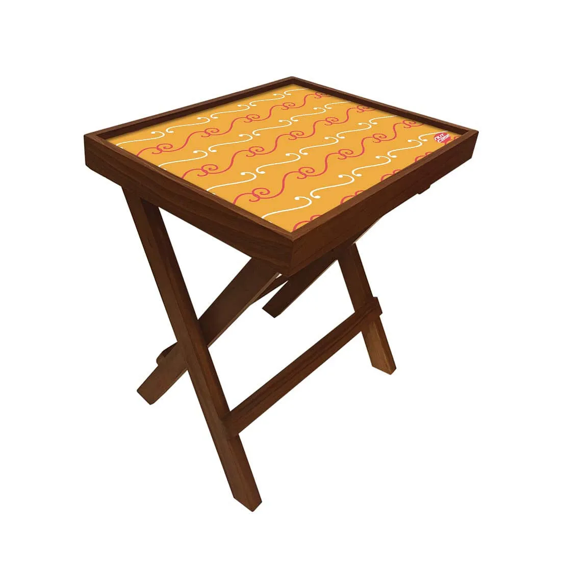 Folding Side Table - Teak Wood -Mustard Pattern
