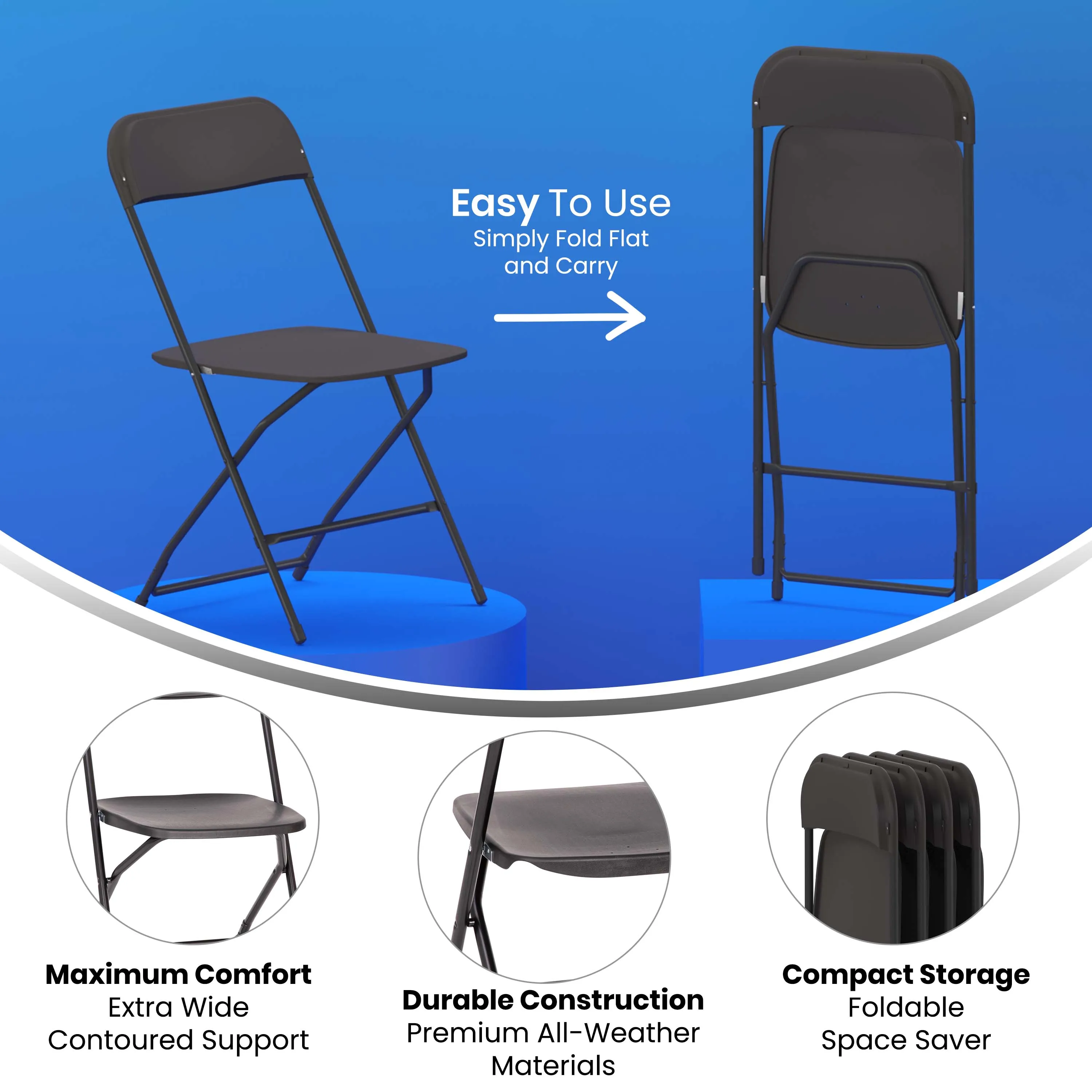 Hercules Big and Tall Commercial Folding Chair - Extra Wide 650LB. Capacity - Durable Plastic - Black, 4-Pack