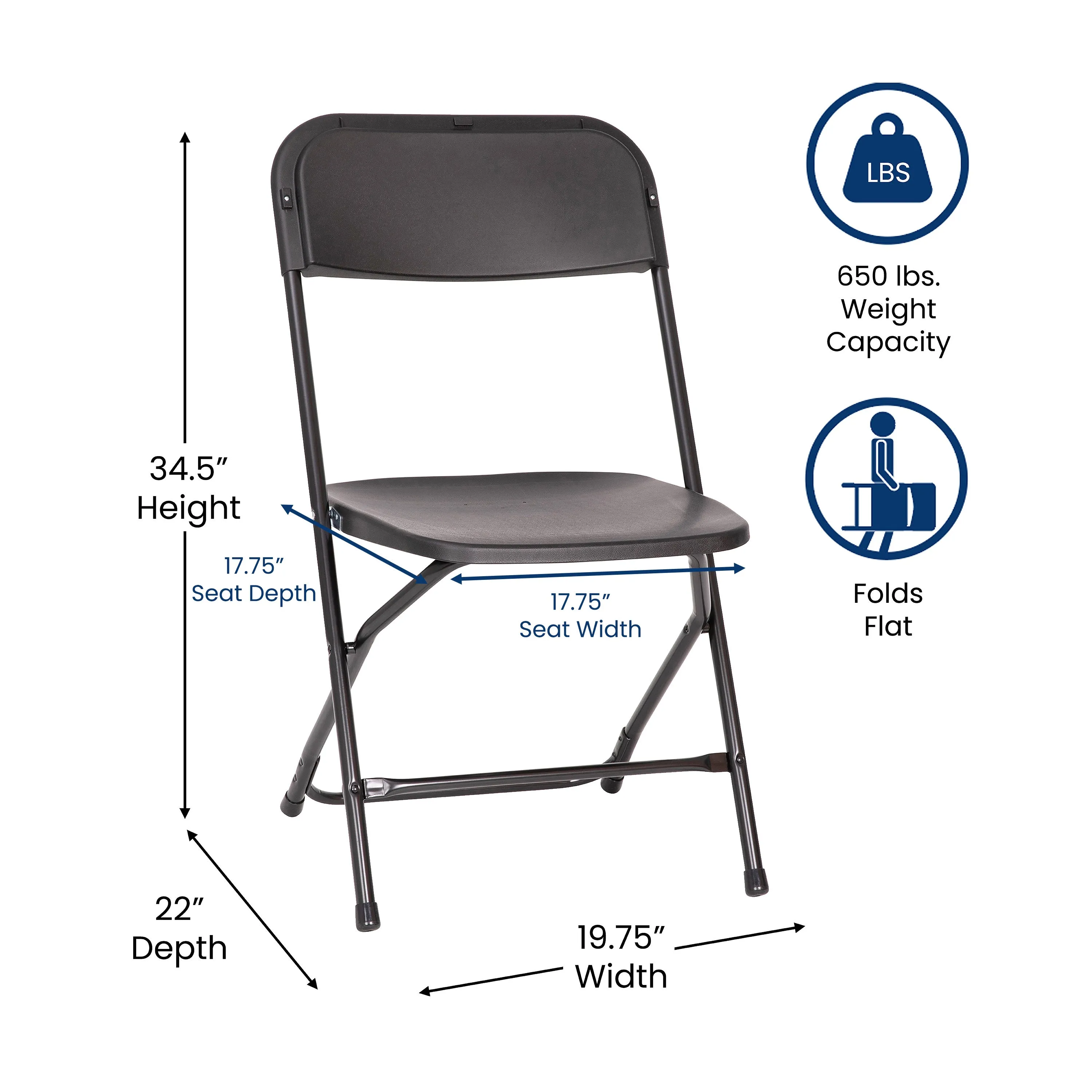 Hercules Big and Tall Commercial Folding Chair - Extra Wide 650LB. Capacity - Durable Plastic - Black, 4-Pack