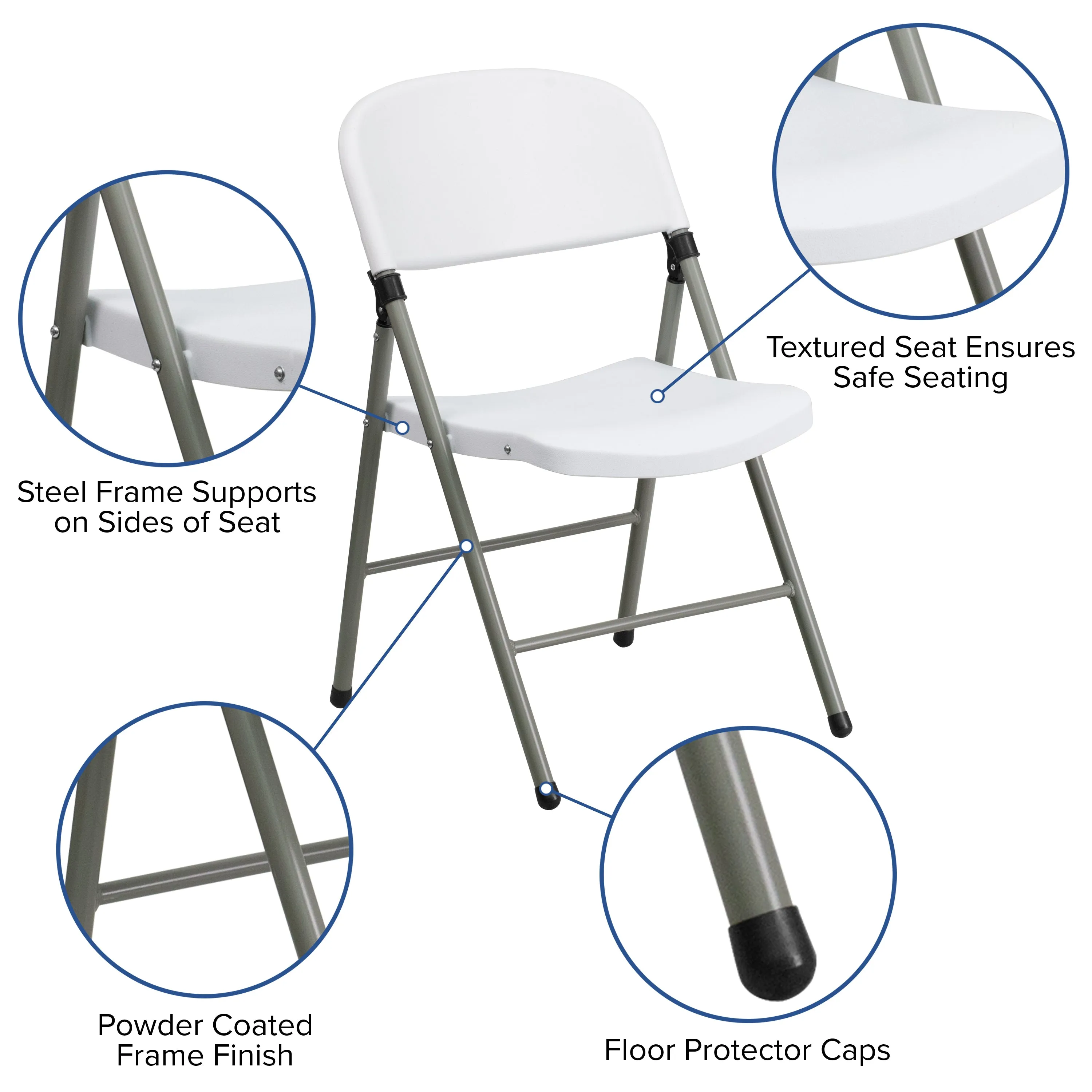 HERCULES Series White Plastic Folding Chairs | Set of 2 Lightweight Folding Chairs with Gray Frame