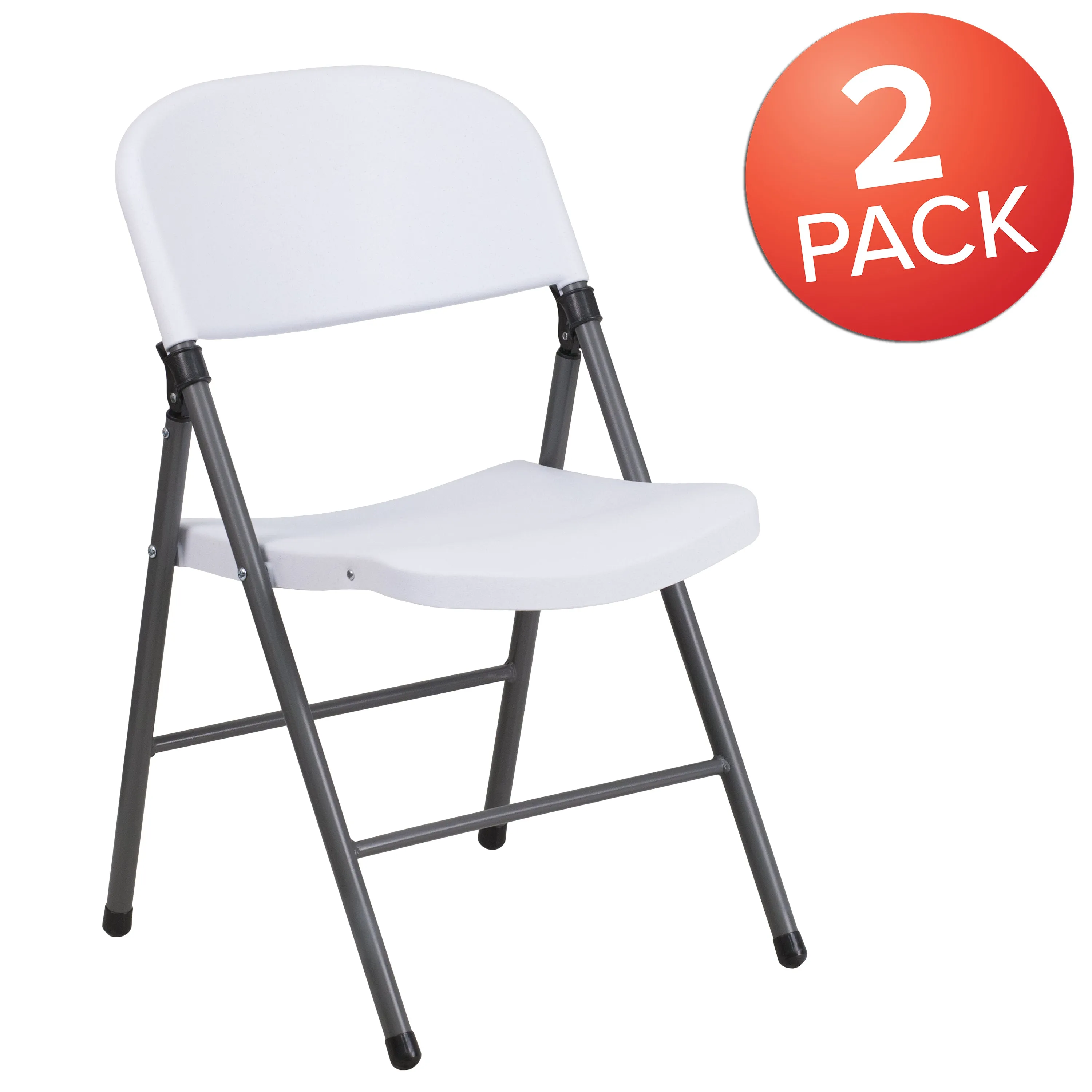 HERCULES Series White Plastic Folding Chairs | Set of 2 Lightweight Folding Chairs with Gray Frame