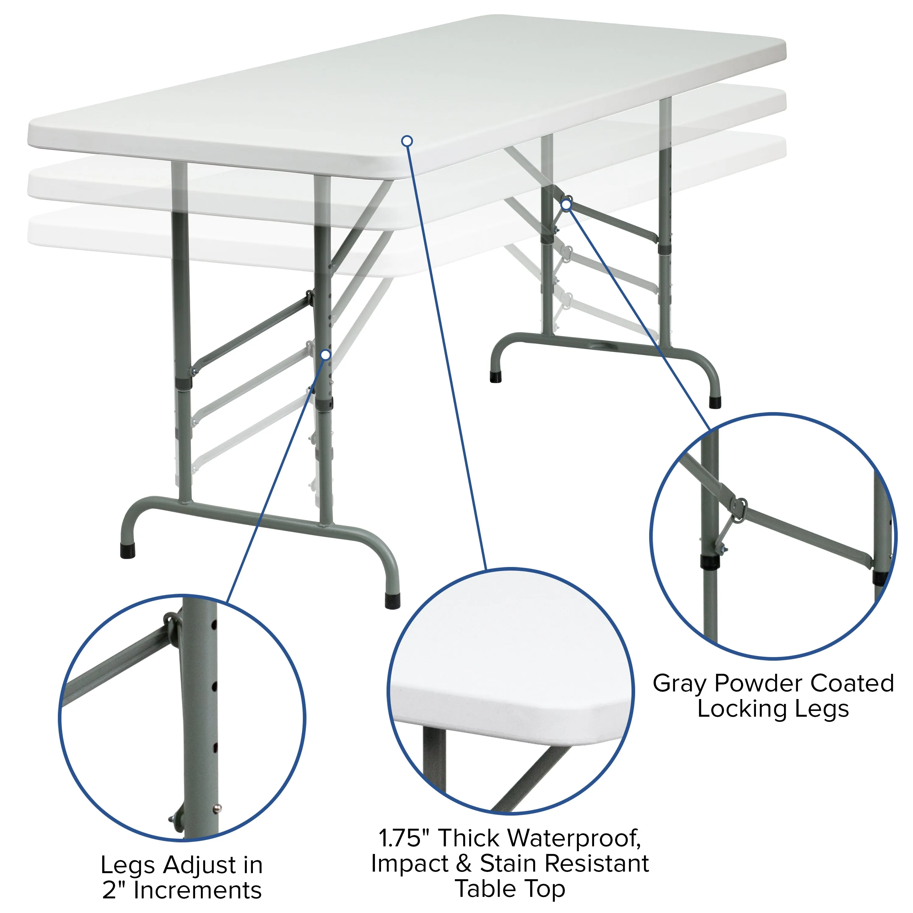 Kathryn 6-Foot Height Adjustable Granite White Plastic Folding Table