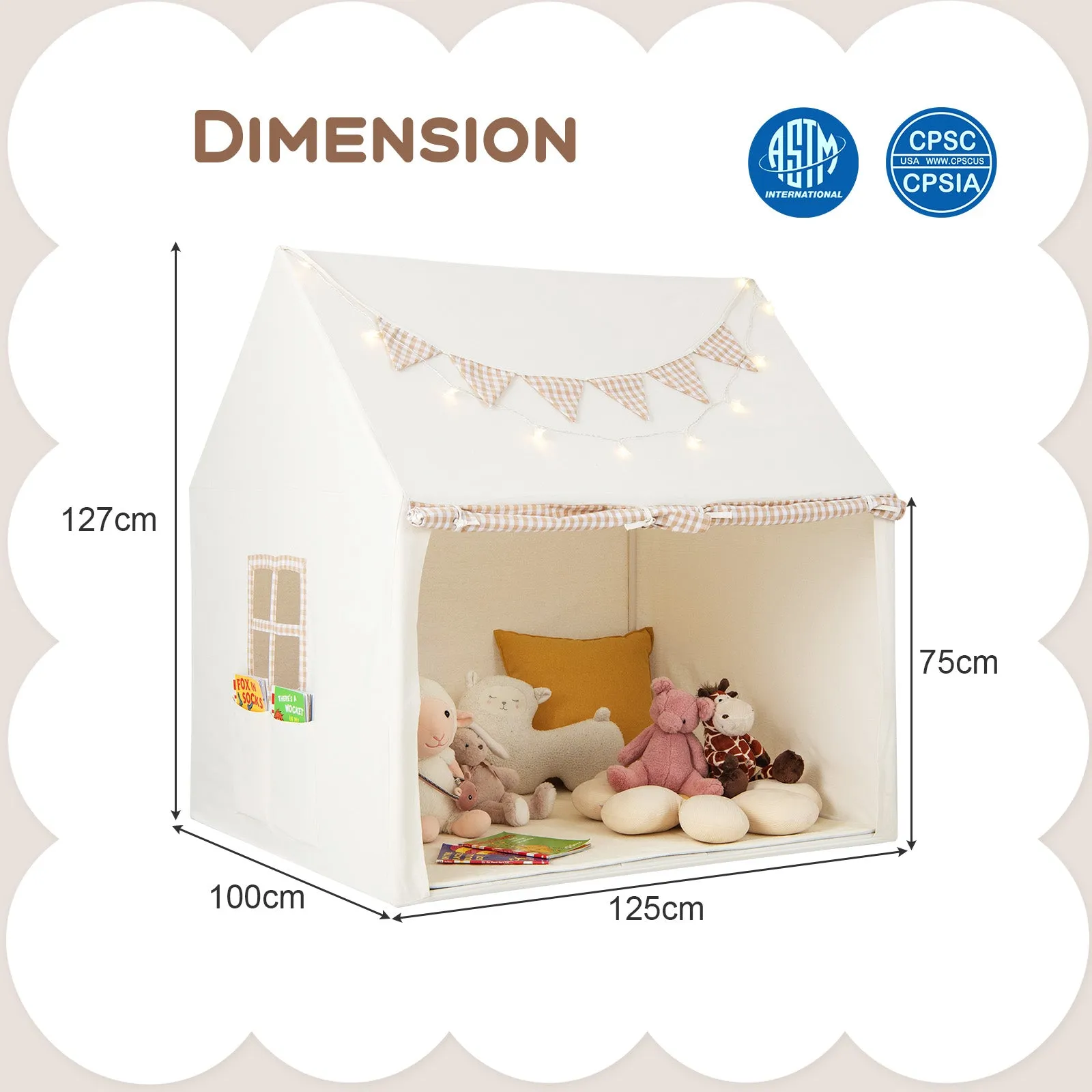 Kids Play Tent with Padded Mat for Children Aged 3-8 Years Old-Beige