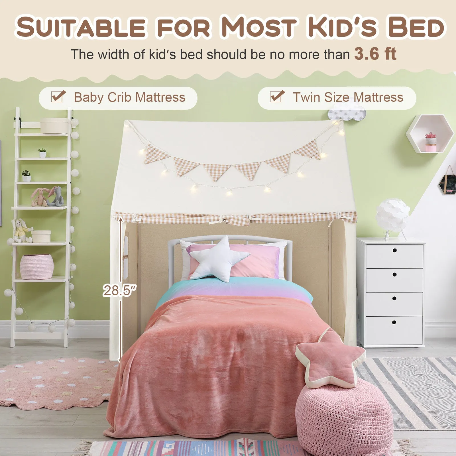 Kids Play Tent with Padded Mat for Children Aged 3-8 Years Old-Beige