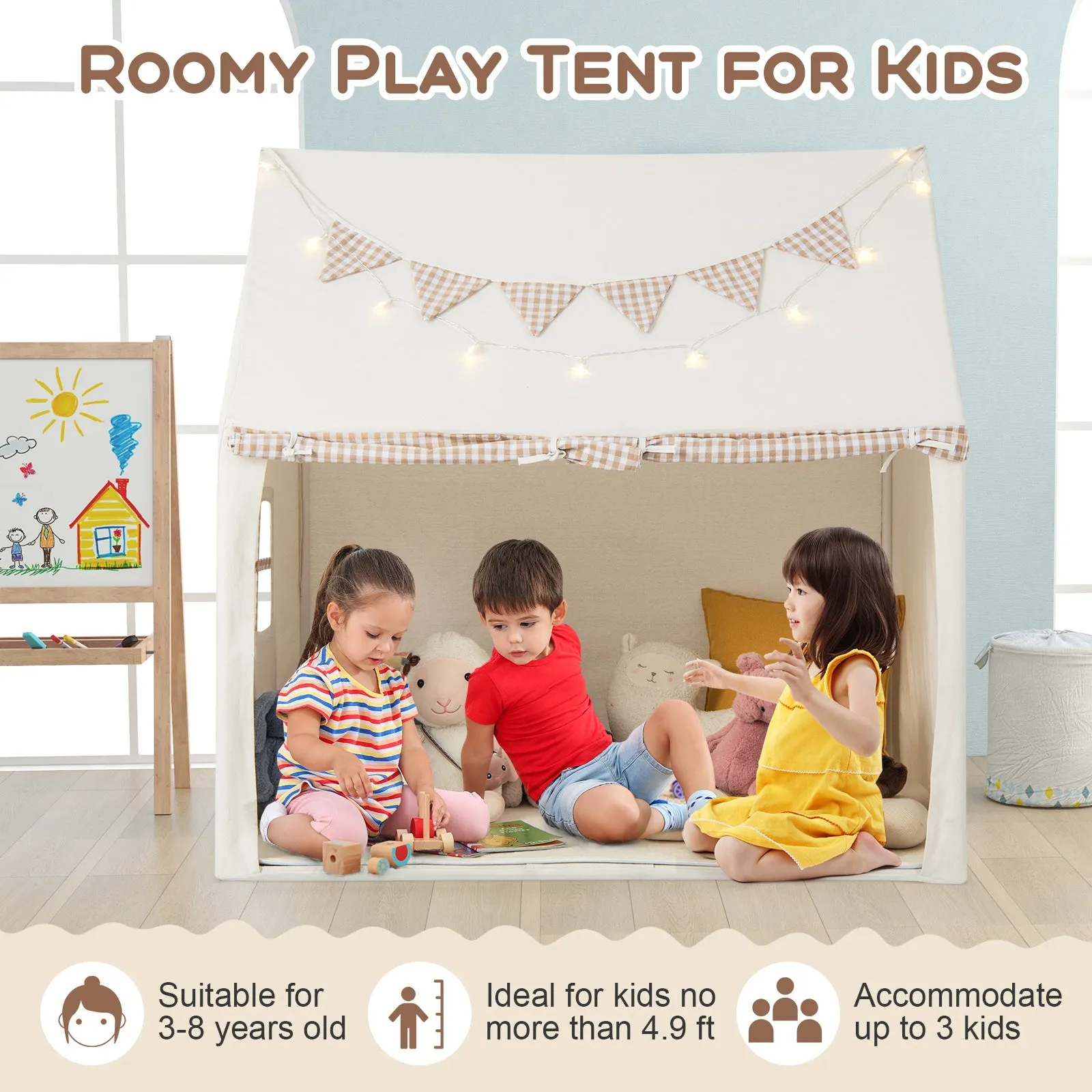 Kids Play Tent with Padded Mat for Children Aged 3-8 Years Old-Beige