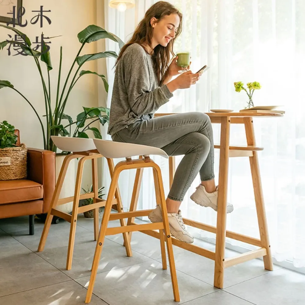 Modern Nordic High Bar Stool With Steel Legs Light Brown