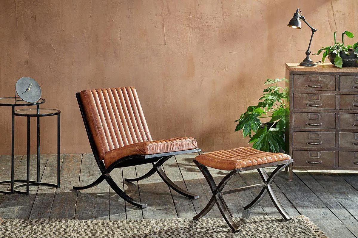 Narwana Ribbed Leather Footstool - Aged Tan