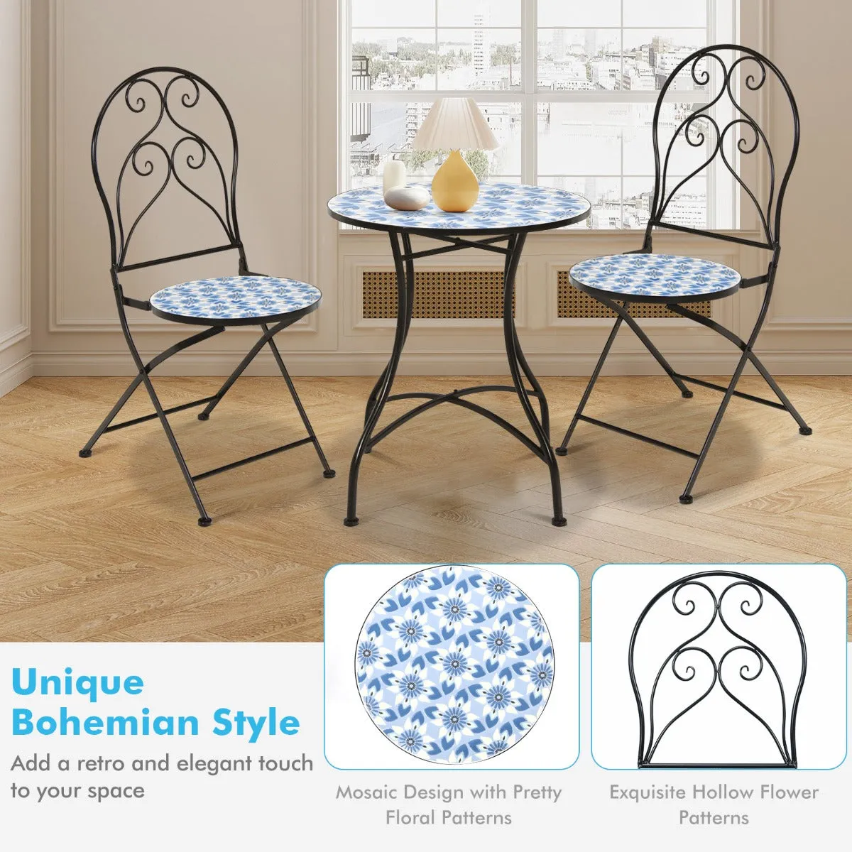 NNECW 3-Piece Floral Bistro Set with Round Table and 2 Folding Chairs