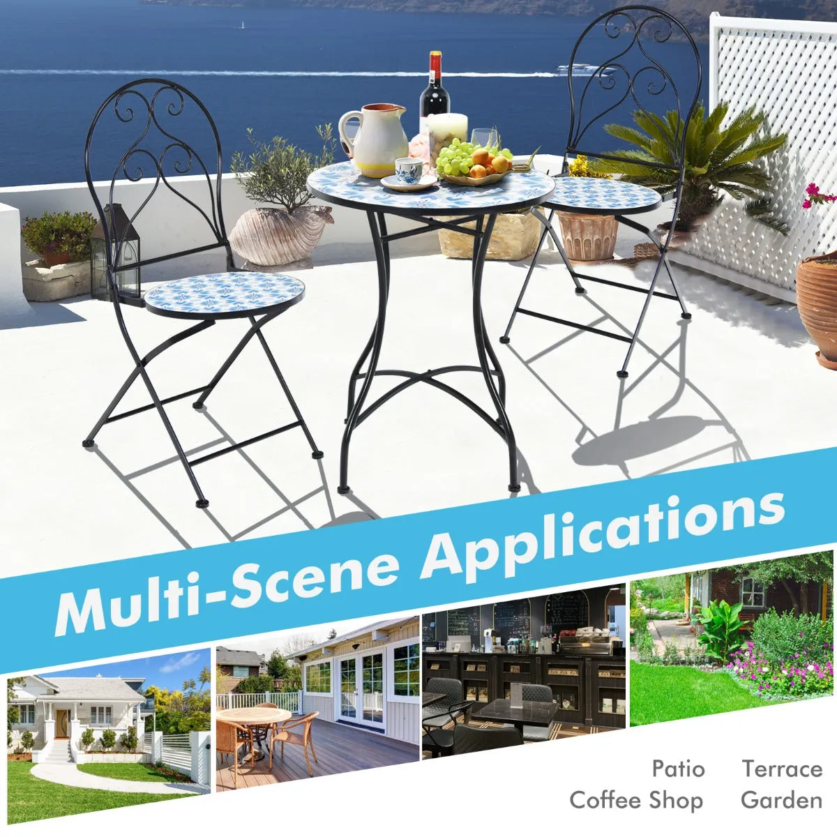 NNECW 3-Piece Floral Bistro Set with Round Table and 2 Folding Chairs