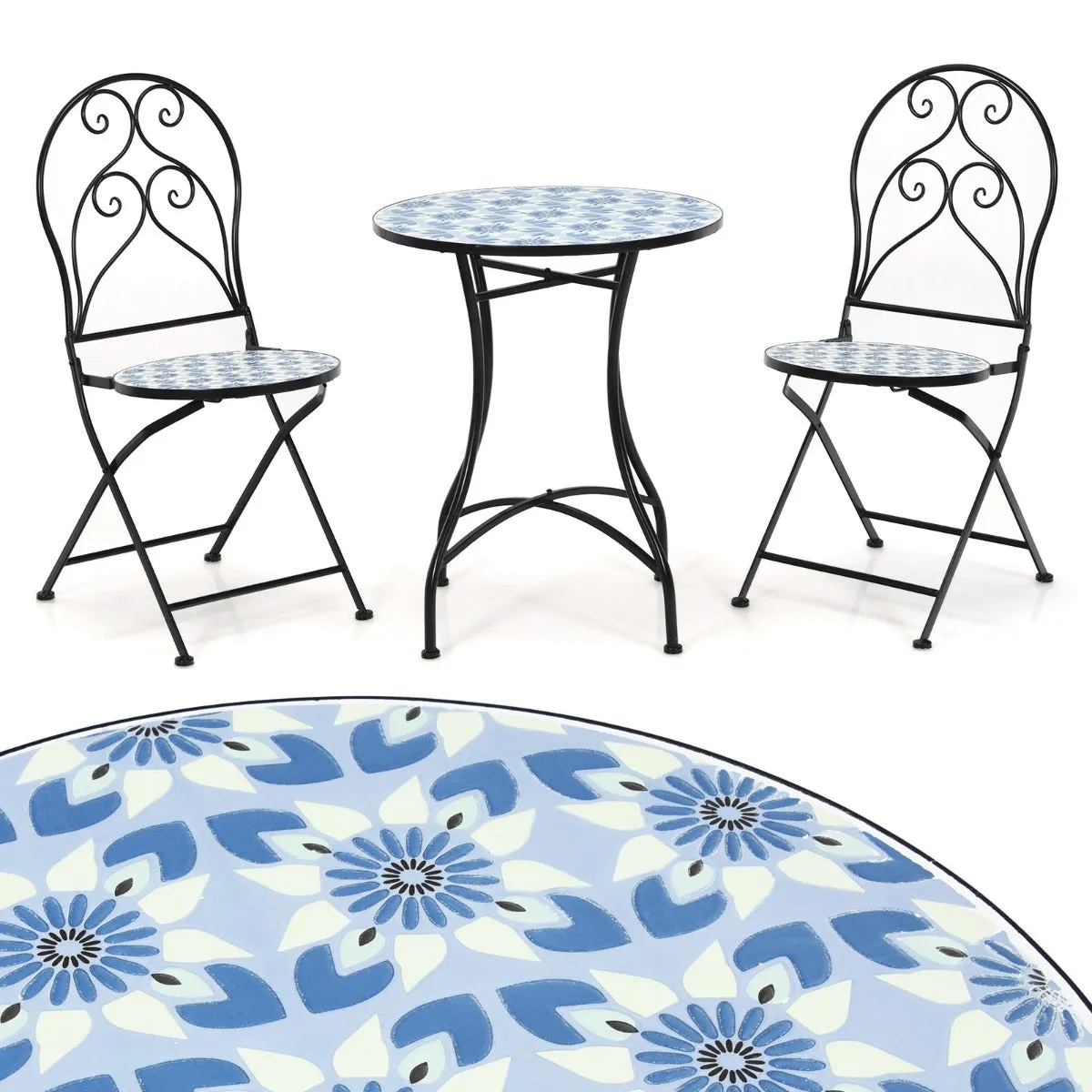 NNECW 3-Piece Floral Bistro Set with Round Table and 2 Folding Chairs