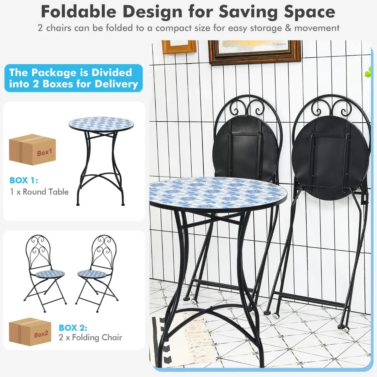NNECW 3-Piece Floral Bistro Set with Round Table and 2 Folding Chairs