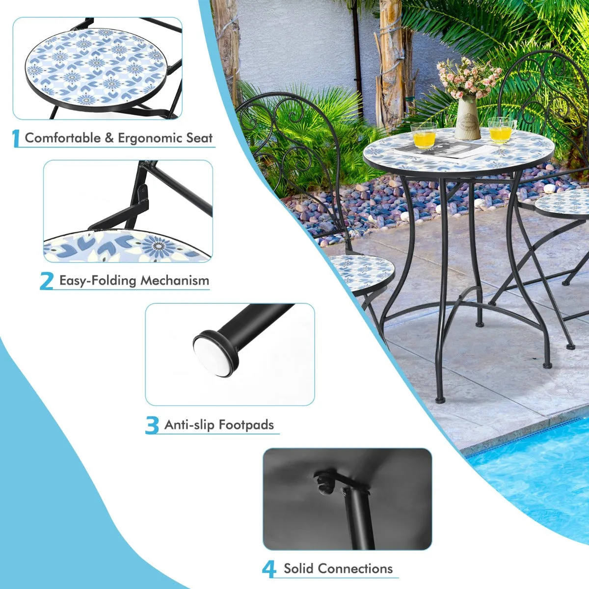 NNECW 3-Piece Floral Bistro Set with Round Table and 2 Folding Chairs