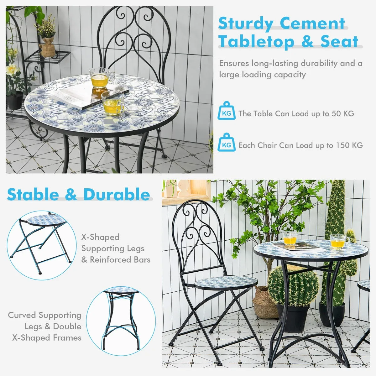 NNECW 3-Piece Floral Bistro Set with Round Table and 2 Folding Chairs