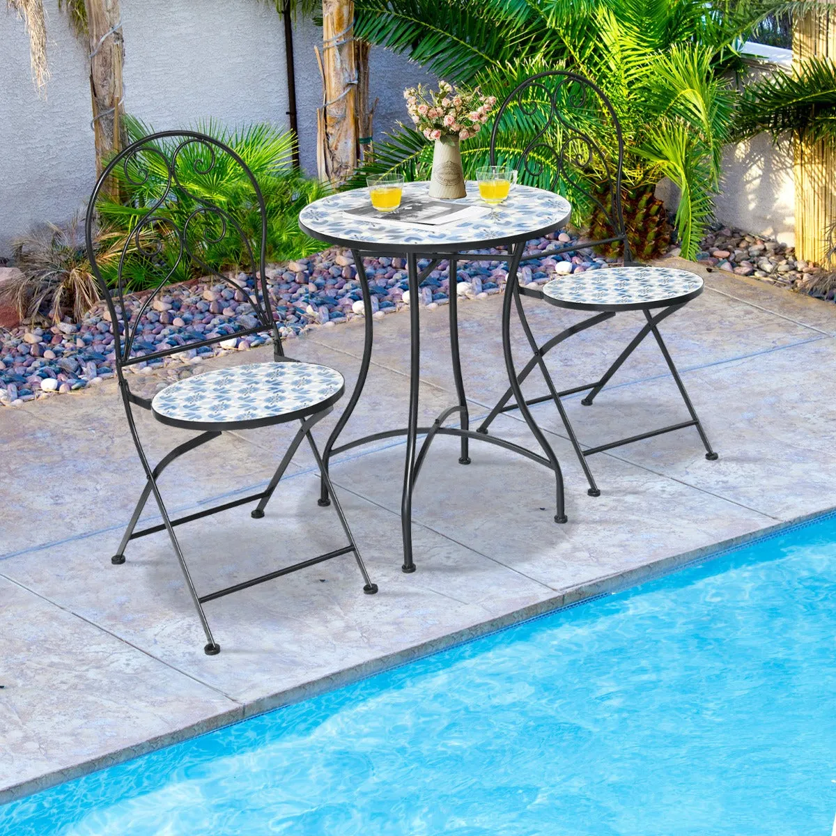 NNECW 3-Piece Floral Bistro Set with Round Table and 2 Folding Chairs