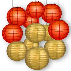 Red and Gold Party Pack Parallel Ribbed Paper Lantern Combo Set (12 pc Set)