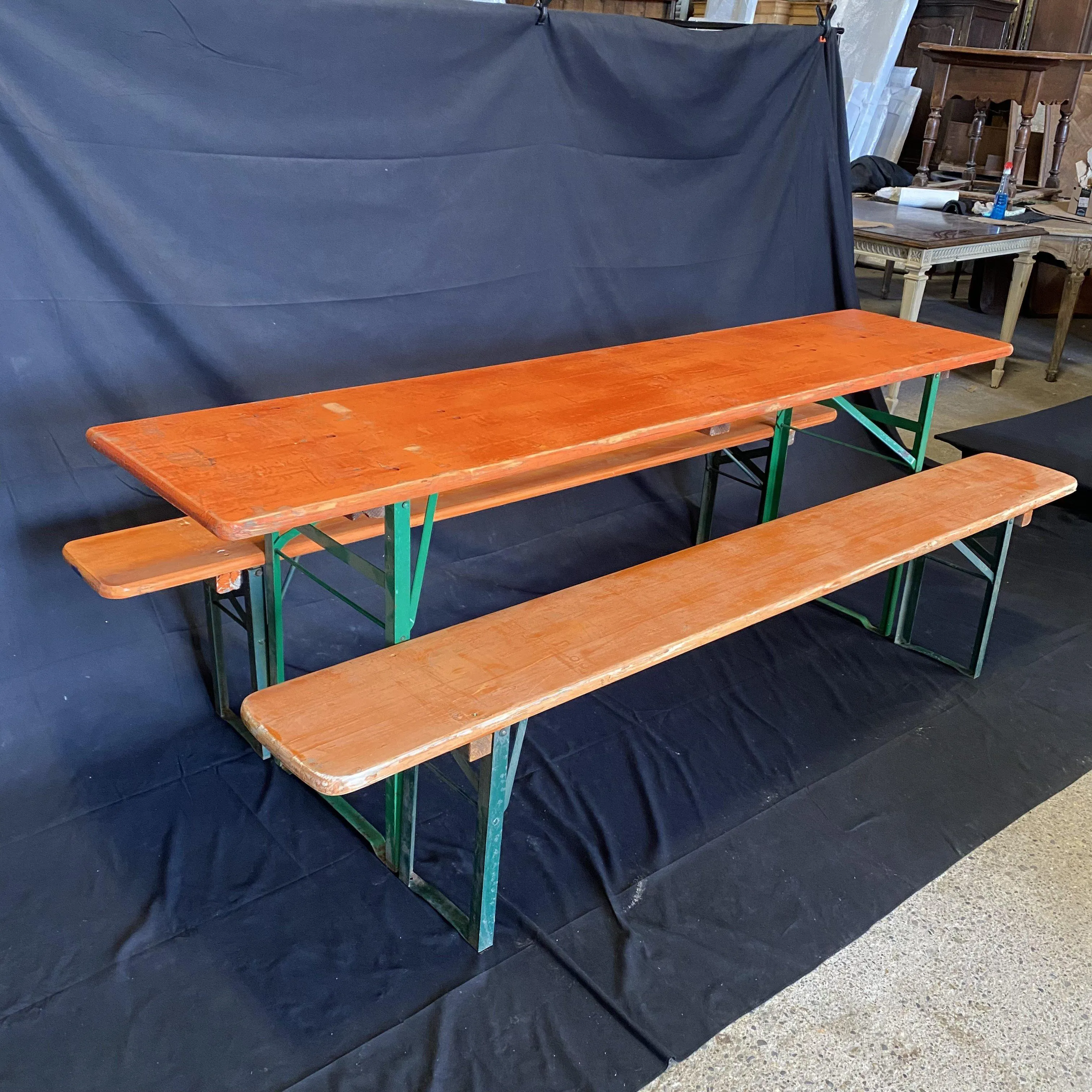 Vintage German Beer Garden Table and Benches Set Orange