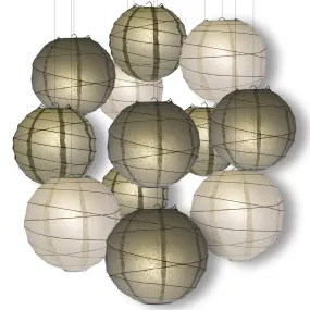 White, Silver and Grey Wedding Celebration Party Pack Crisscross Ribbed Paper Lantern Combo Set (12 pc Set)