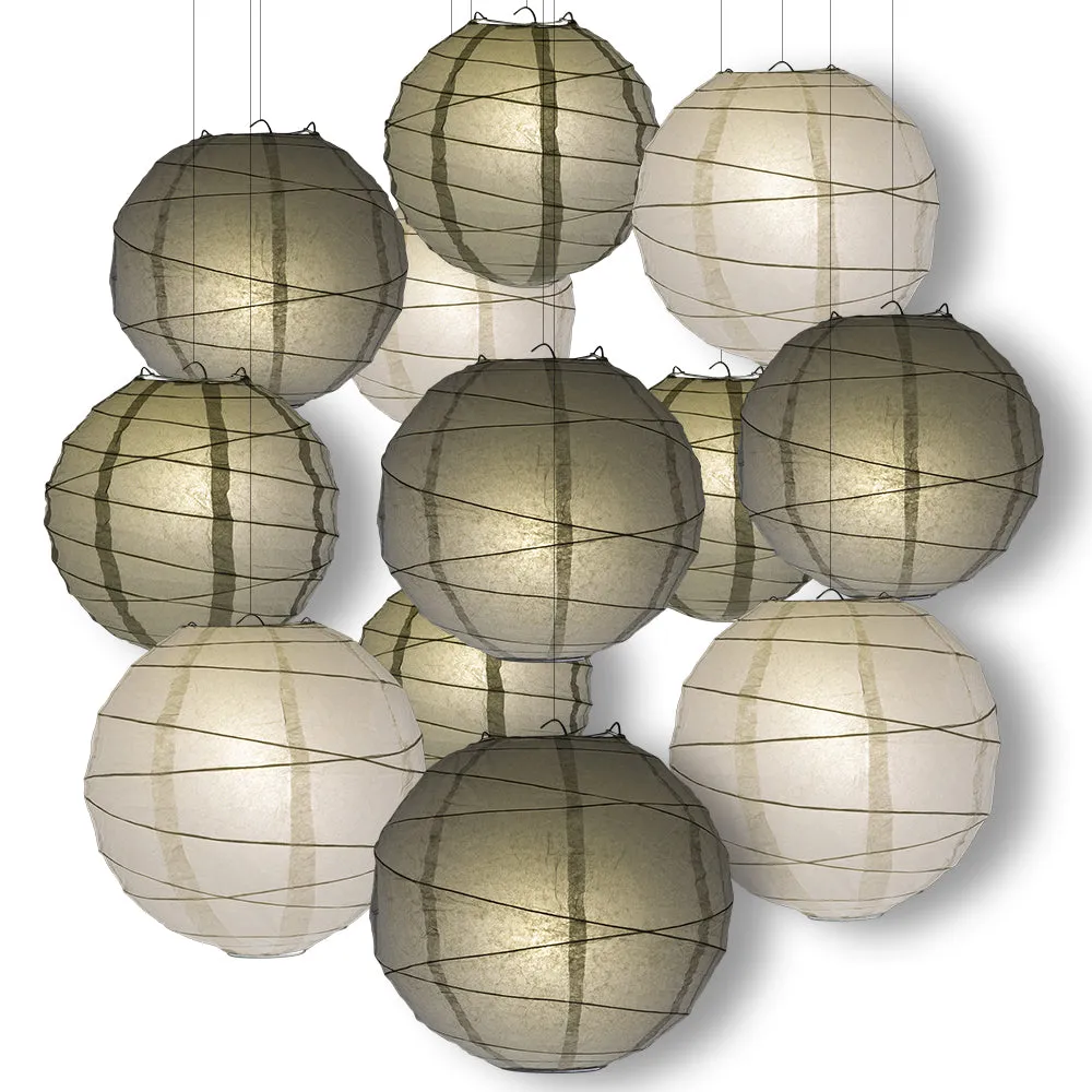 White, Silver and Grey Wedding Celebration Party Pack Crisscross Ribbed Paper Lantern Combo Set (12 pc Set)